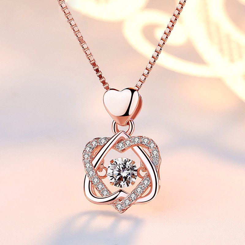 925 silver plated rose gold heart set with diamond clavicle chain image