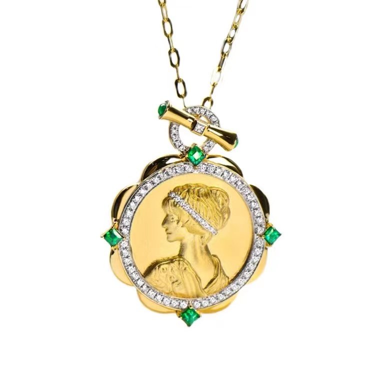 18K gold Liberty gold coin diamond Emerald pendant necklace pic